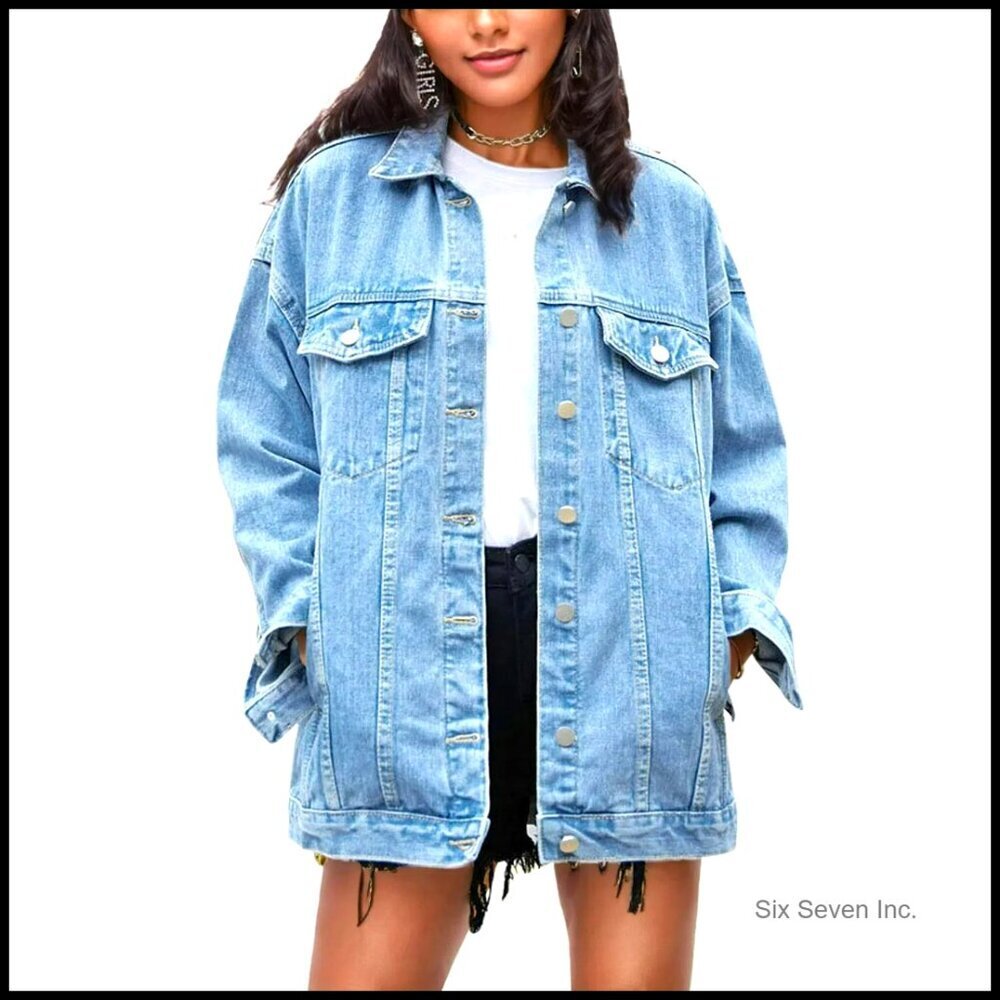 Oversized Denim Jacket Biker Coat Mid Long Boyfriend Style Vintage